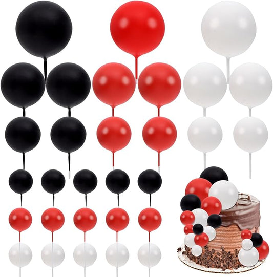 30 PCS Balls Cake Topper DIY Cake Insert Toppers Ball Cake Picks Cupcake Topper for Birthday Party Baby Shower Wedding Cake Decoration(Black White Red)