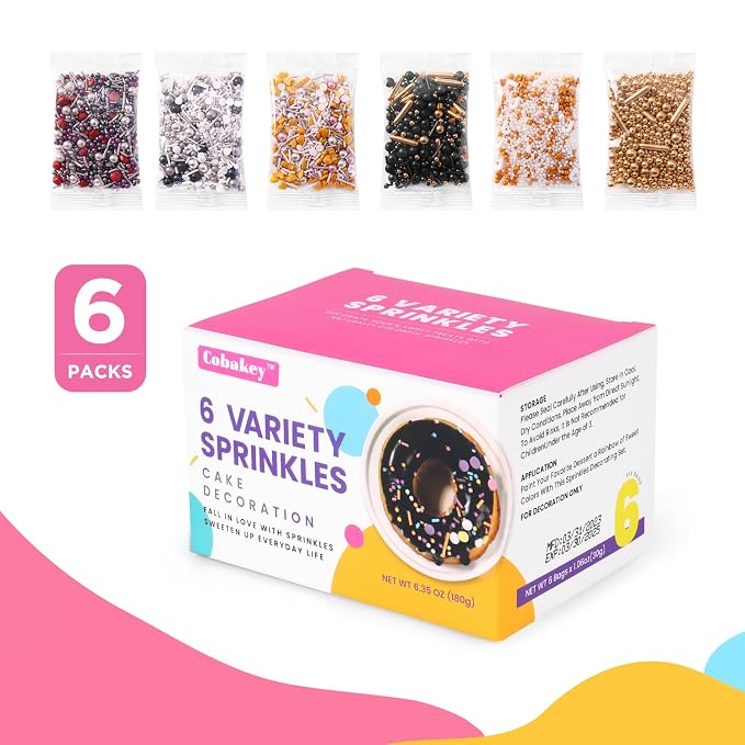 Sprinkles for Cake Decorating, Cupcake, Cookies, Ice Cream Topper, 6 Packs Gold Pearls, Silver Luxury of assorted Sprinkles for Cake Baking, Perfect For Birthdays, Wedding