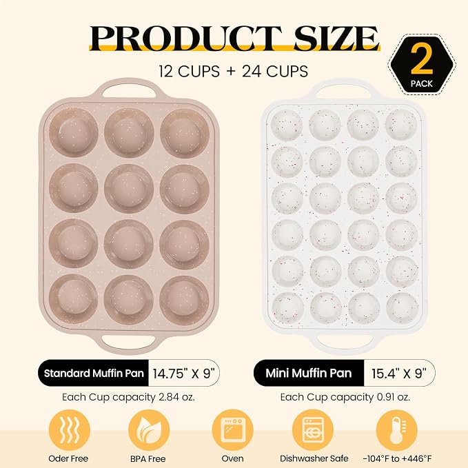 Vinino 2Packs Silicone Muffin Pans for Baking with Metal Reinforced Frame, 12 Cups Regular and 24 Cups Mini Nonstick Cupcake Pan, BPA Free Oven Dishwasher Safe Baking Mold for Muffins Cupcakes