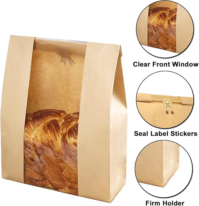 100 Pack Lmoszuak thicker Large Paper Bread Loaf Bags, for Homemade Bread (13.7x8.26x3.54in). with Window Bread bags & 125pcs Sealing Stickers,Suitable for Packaging and Storage of Baked Goods