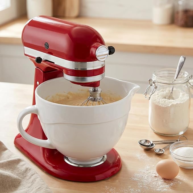 5 QT Ceramic Mixer Bowl Compatible with KitchenAid Tilt-Head Stand Mixers 4.5-5 Quart, Food-Grade Polished Mixing Bowl with Anti-slip Handle & Secure Locking Clasp, Microwave & Oven Safe