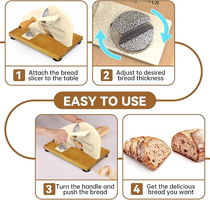 Upgrade Manual Bread Slicer for Homemade Sourdough Bread, Classic Hand Crank Home Bread Slicer With Scale Line and Steel Fence, Sharp Blade, Adjustable Width for Homemade & Commercial Use