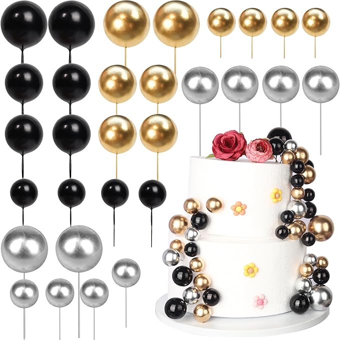 24 PCS Balls Cake Toppers Ball Cake Picks Ball Shaped Cupcake Toppers Foam Balls Cake Topper Insert Mini Balloons Cake Decorations for Wedding Baby Shower Birthday Party Supplies Black Gold Silver