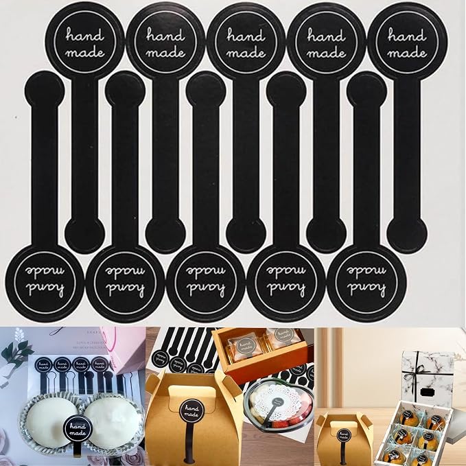 200 Pcs Black Handmade Bakery Stickers, Tamper Evident Labels | 3.93 x 1.18 in peel-and-stick paper seal labels for bakery packaging, cake boxes, candy bags, dessert cups, and envelopes.