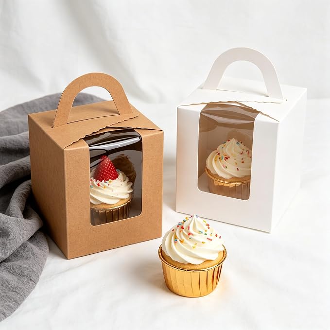 120 Pack Single Cupcake Box, Kraft Paper Individual Cupcake Container with Window Inserts, Brown Cupcake Packaging Box with Handles for Muffin, Cocoa Bomb, Party Favor Pastry Treat Boxes