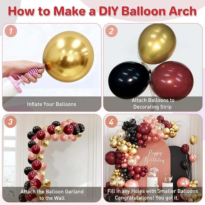 Burgundy Balloon Garland Arch Kit, 167Pcs Maroon Pearl Rose Gold Black Balloons for Birthday Graduation Bridal Shower Party Decorations