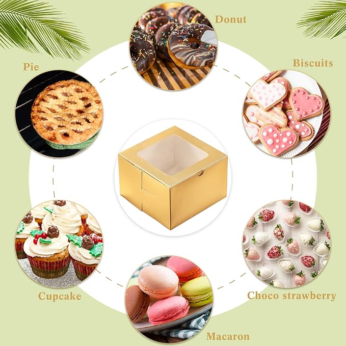 Thenshop 50 Pcs Bakery Boxes with Window 6 x 6 x 4 Inch Small Treat Containers Cookie Pastry Boxes Mini Cake Containers for Cookies, Pastry, Cupcakes, Dessert, Pie, Muffin, Donuts(Gold)