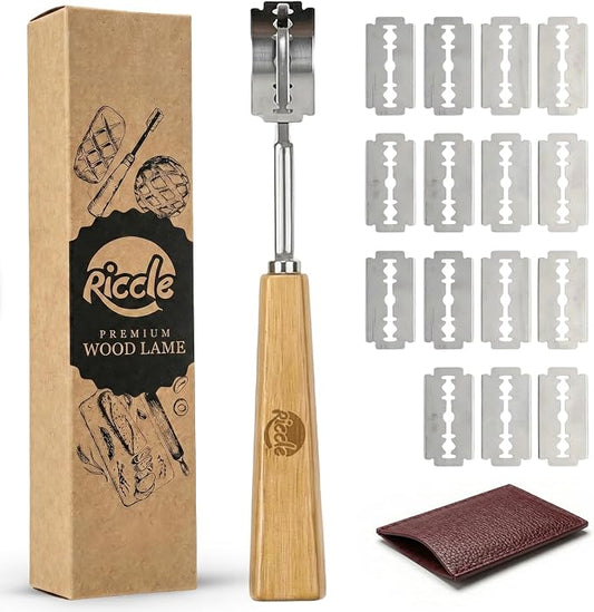 RICCLE Bread Lame Slashing Tool, Oakwood Ergonomic Handle Dough Scoring Knife with 15 Razor Blades and Storage Cover (Beige)