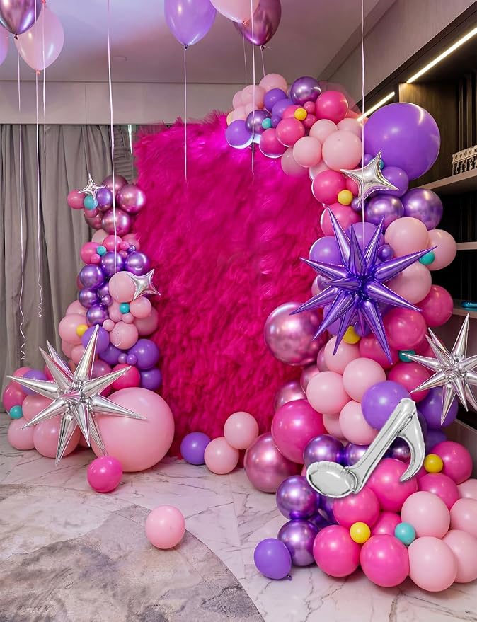 Pink and Purple Balloon Garland Arch Kit, 144 PCS Purple and Pink Balloons with Music Notes, Microphone and Starburst Foil Balloons, for Girls Birthday Party, Karaoke, Pop Music Theme Decorations