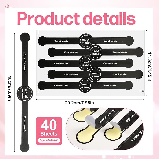 200Pcs Handmade Bakery Stickers, Extra Long Black Striped Food Package Seal Labels, Decorative Sealing Stickers for Baked Goods, Candy, Artisan Crafts (18cm)