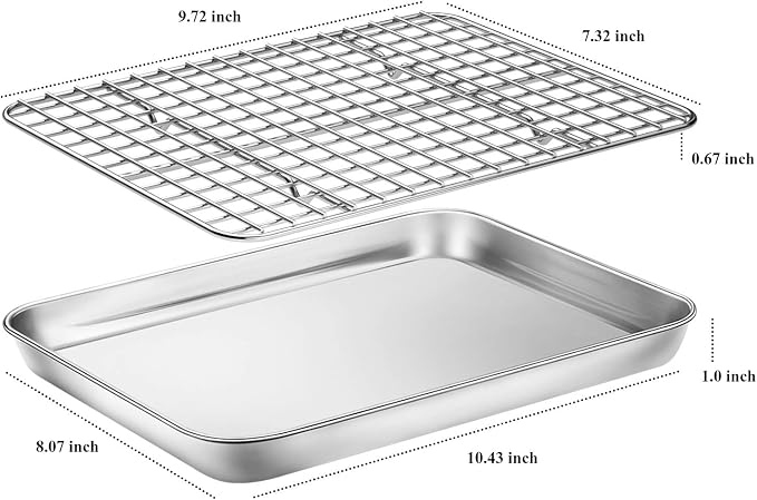 Baking Sheet with Cooling Rack Set [2 Sheets + 2 Racks], Deedro Stainless Steel Cookie Sheet Baking Pan Half Sheets Oven Tray with Rack, 10 x 8 x 1 Inch, Heavy Duty, Non-toxic, Dishwasher Safe