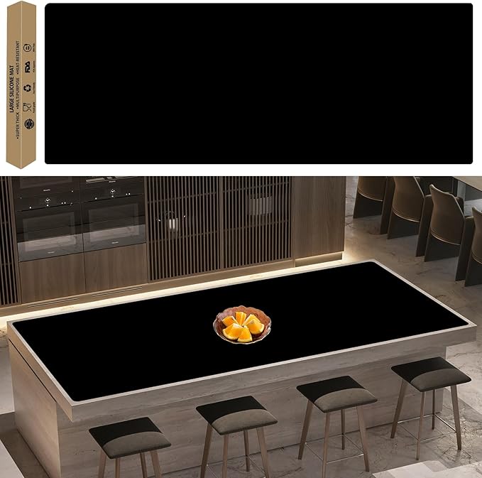 Super Large Silicone Mat, 120"x24" Silicone Mats for Kitchen Counter, Non-slip Heat Resistant Mat,Thicken Kitchen Counter Mat, Waterproof Countertop Protector for Craft (Black)