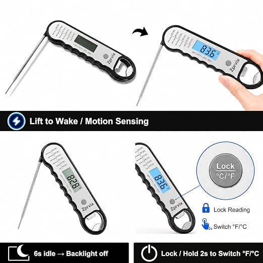0.5s Instant Read Meat Thermometer Digital, Cooking, ±0.5°F Accuracy | Food Thermometer with Lift-to-Wake, Backlight & Auto-Rotating Display, IPX6 Waterproof for Grill, BBQ, Candy & Kitchen