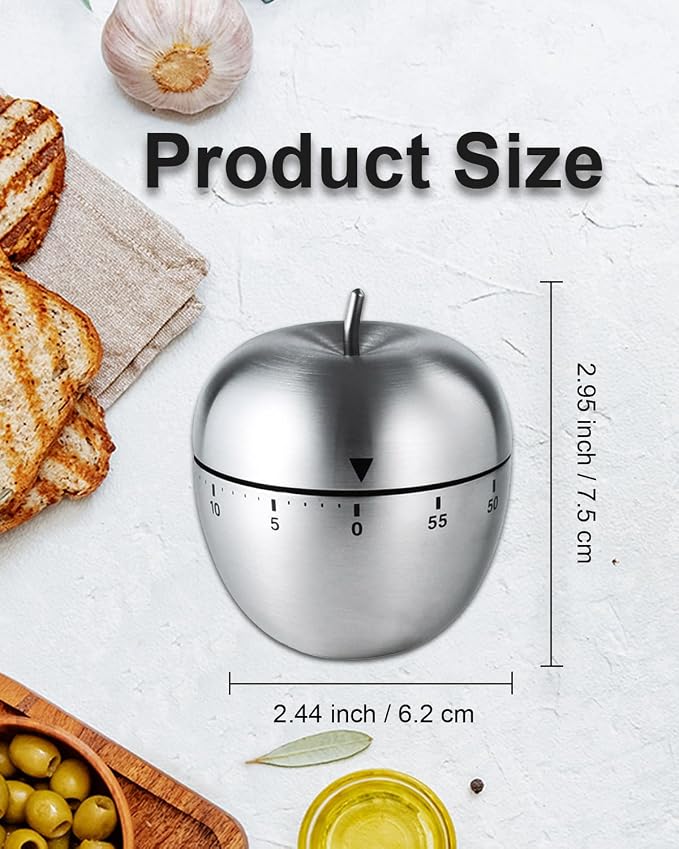 Kitchen Timer for Cooking, 60 Minutes Mechanical Timer - No Batteries Required, Stainless Steel Apple-Shape Cute Countdown Clock for Cooking, Learning, Exercises, Gaming