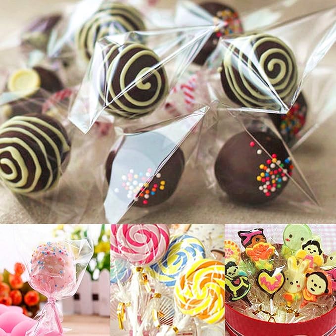 Augshy Cake Pop Bags,300Pcs Cellophane Treat Bag 3x5 Inches with Twist Ties | Clear 1.4mils Thickness,Resealable Packaging Individual OPP Plastic Bags for Lollipop Cake Candy Chocolate Cookie Wrapping B