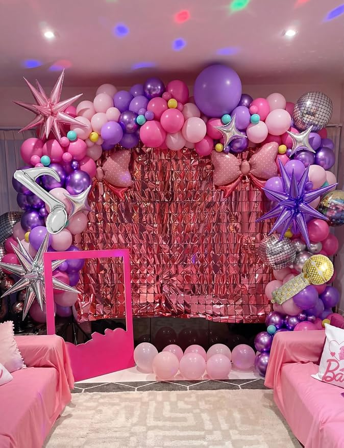 Pink and Purple Balloon Garland Arch Kit, 144 PCS Purple and Pink Balloons with Music Notes, Microphone and Starburst Foil Balloons, for Girls Birthday Party, Karaoke, Pop Music Theme Decorations