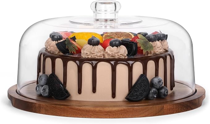 Bellsal Cake Stand with Clear Acrylic Dome Lid, 12in Acacia Wood Cake Holder with Lid, Cake Plate with Lid for Baking Gifts, Cake Display Server Tray for Birthday Party Weddings, Women Gift