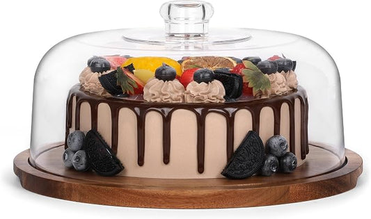 Bellsal Cake Stand with Clear Acrylic Dome Lid, 12in Acacia Wood Cake Holder with Lid, Cake Plate with Lid for Baking Gifts, Cake Display Server Tray for Birthday Party Weddings, Women Gift