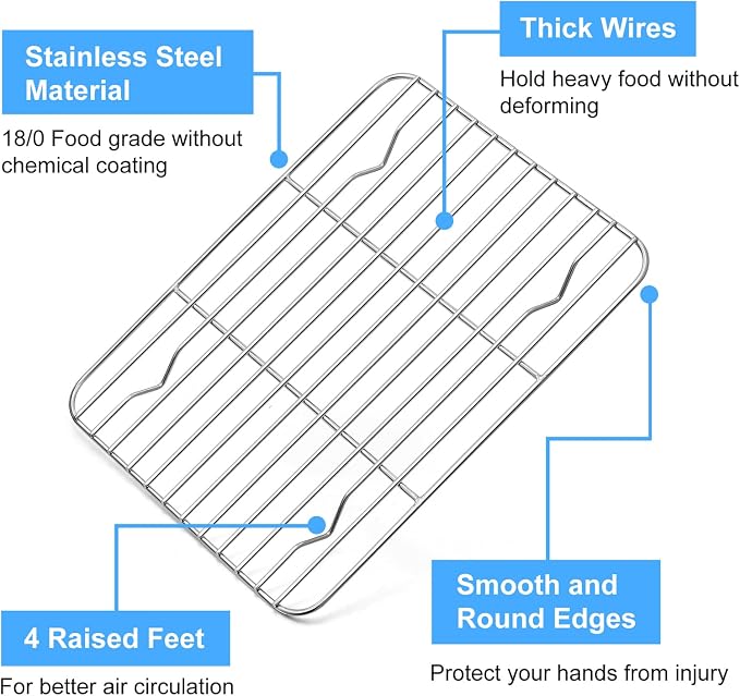 P&P CHEF Baking Cooling Rack Set for Cooking Roasting, 4-Piece Stainless Steel Wire Racks for Oven Use, Healthy & Dishwasher Safe, Rectangle, 9.7 Inch
