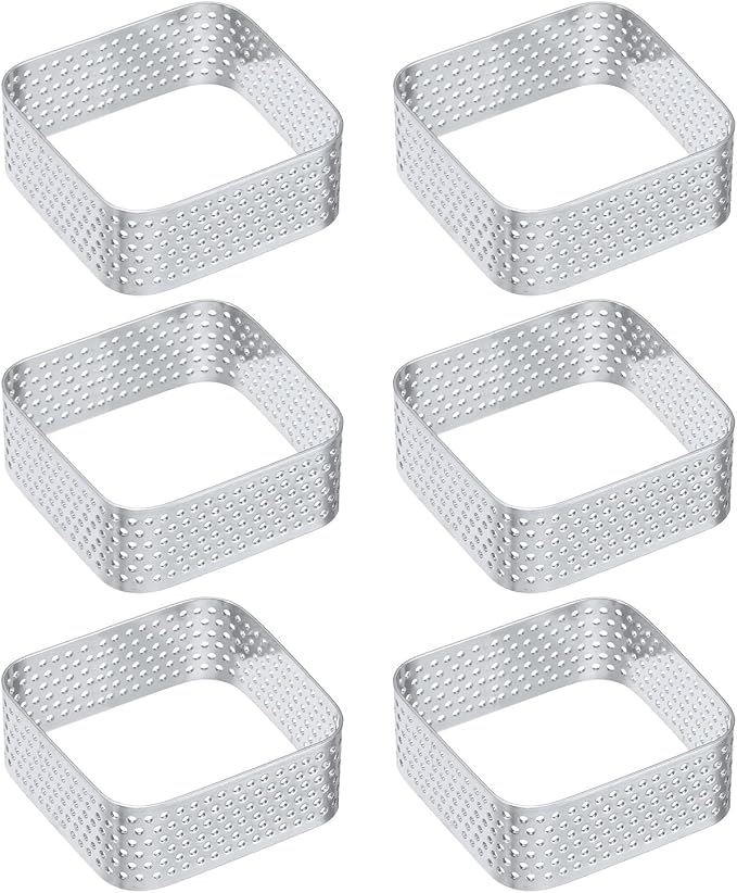 uxcell 6pcs Square Perforated Cake Rings 2 x 2 Inch Stainless Steel Cake Pastry Mousse Ring Molds for DIY Cake Dessert Mousse Pastries Baking, Silver Tone