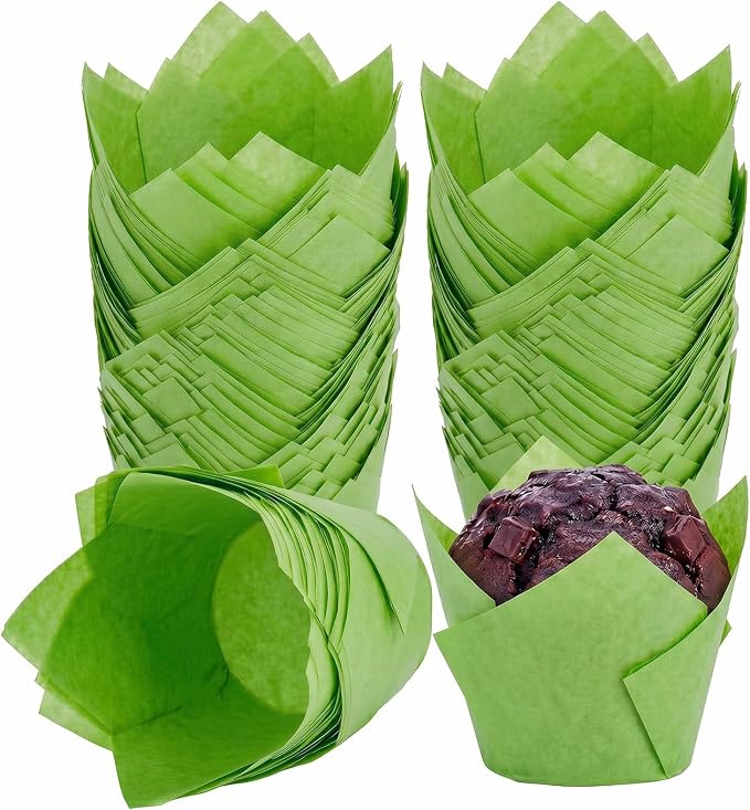 200 Pcs Green Tulip Cupcake Liners for Baking, Standard Size | Standard Greaseproof Tulip Muffin Liners for Baking, 3oz Green Paper Cupcake Wrappers for Party Wedding Birthday