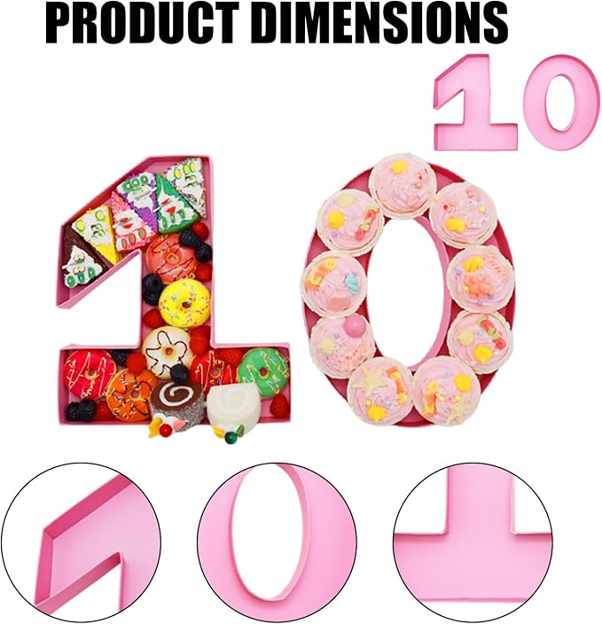 12inch Cardboard Number Fillable Food Tray Box for Charcuterie, Cupcake Arrangement, Birthday Anniversary (Pink, 10)