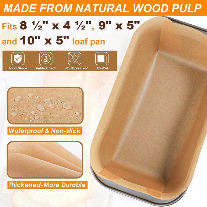 Webake Pre-Cut Unbleached Parchment Paper Loaf Pan Liners, Non-Stick Baking Paper for 8.5 x 4.5, 9 x 5 & 10 x 5 Inch Bread Pans, Fits 1lb, 1.5 lb & 2 lb Loaves, 100pcs