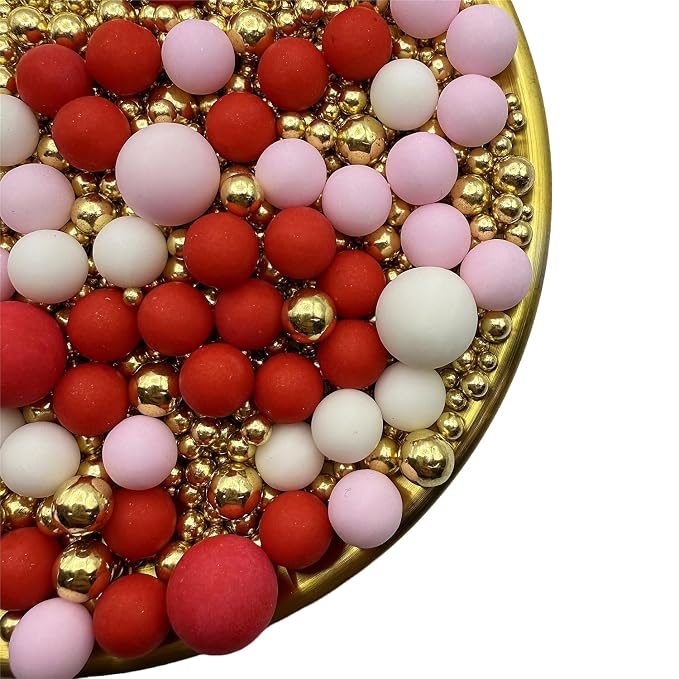 CandiJumpin Edible Pearls for Cake Decorating, Valentines Sprinkles Red White Pink Pearl Sprinkles Gold Sugar Pearls Edible Cake Decorations Valentine Baby Shower Party Birthday Wedding Christmas Supplies 3 OZ