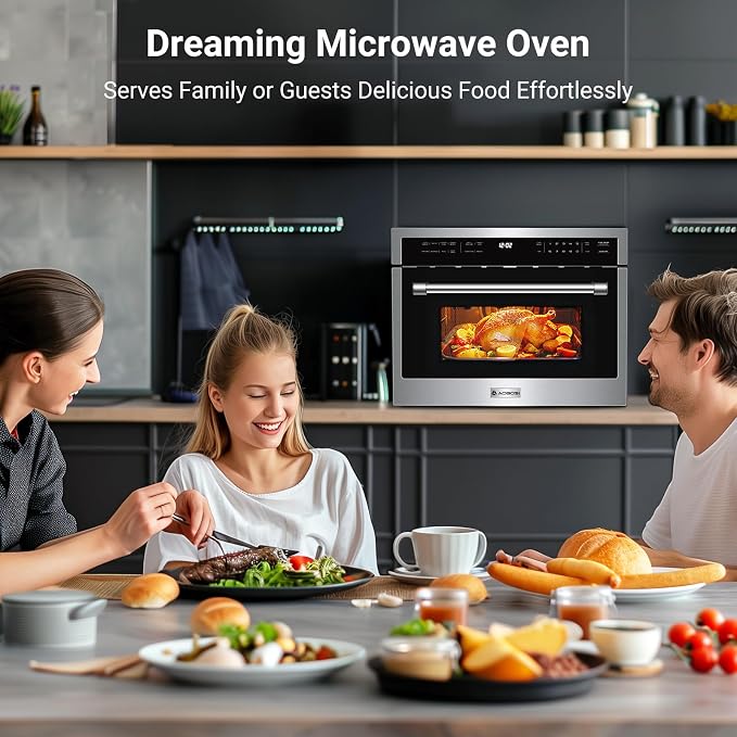 AAOBOSI 24 Inch Built-in Microwave Convection Oven, 1.6 Cu.Ft Wall Microwave Air Fryer Combo, 1000W, Sensor Cook & Auto Menu, 12 Cooking Modes, Drop Down Door, Stainless Steel