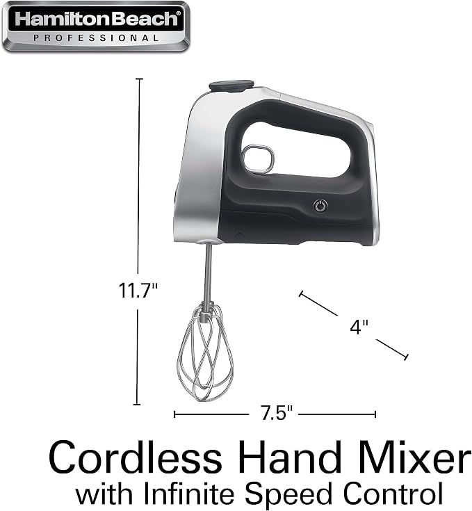Hamilton Beach Professional Cordless Electric Hand Mixer | Infinite Speed Control | Powerful DC Motor | Quick Recharging | LCD Screen | Whisk | Storage Case | Black | 62673