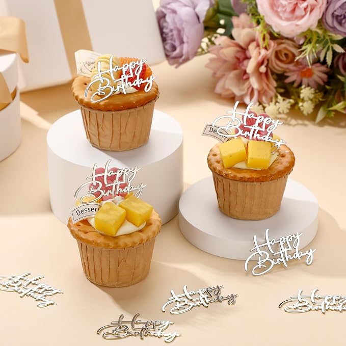 Weysat 30 Pcs Silver Mirror Acrylic Cupcake Toppers Happy Birthday Cake Decorations for Birthday Party Cupcake Toppers