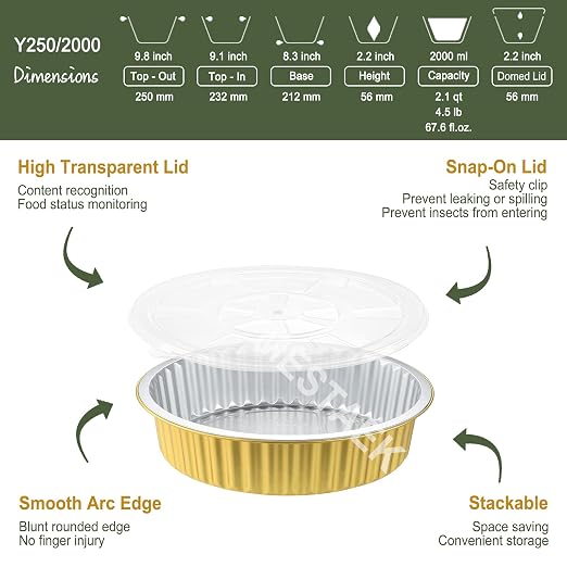 67oz Round Aluminum Foil Pans with Lids, 5 Pack | 10 Inch Round, 2 Inch Deep, Heavy Duty Foil, Ideal for Baking, Meal Prep and Food Storage