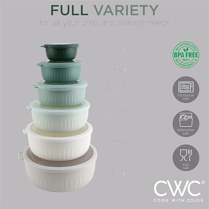 COOK WITH COLOR Prep Bowls with Lids- Wide and Deep Nesting Plastic Small Mixing Bowl Set with Lids, 12 Piece Set - Wide Bowls, Green