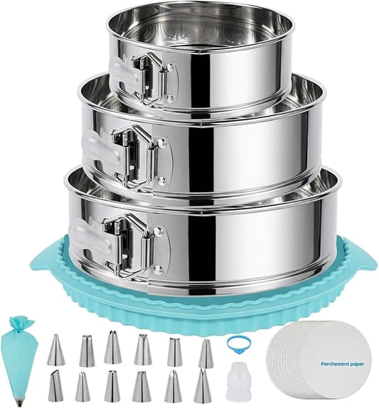 Springform Pan Set for Baking (7,9,10inches), 304 Stainless Steel Springform Cake Pan with Removable Bottom, Cheesecake Pan with 50PCS Parchment Paper for Pie Cake Pizza and Quiches