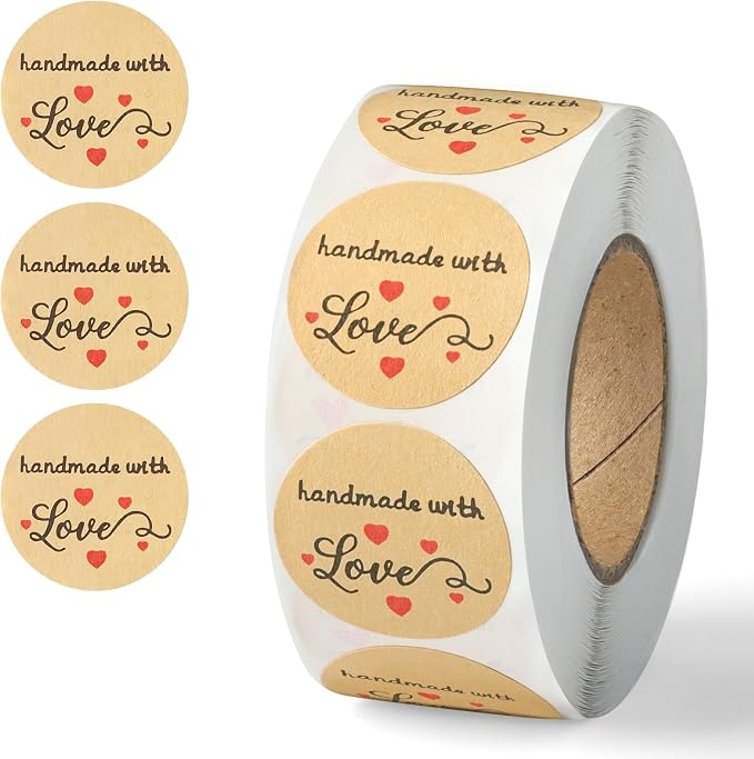 500PCS Handmade with Love Stickers, Kraft Made with Love Tags 1 Inch(25mm) Seal Labels Self-Adhesive for Baked Packaging Envelope Homemade Gift Small Business（New）