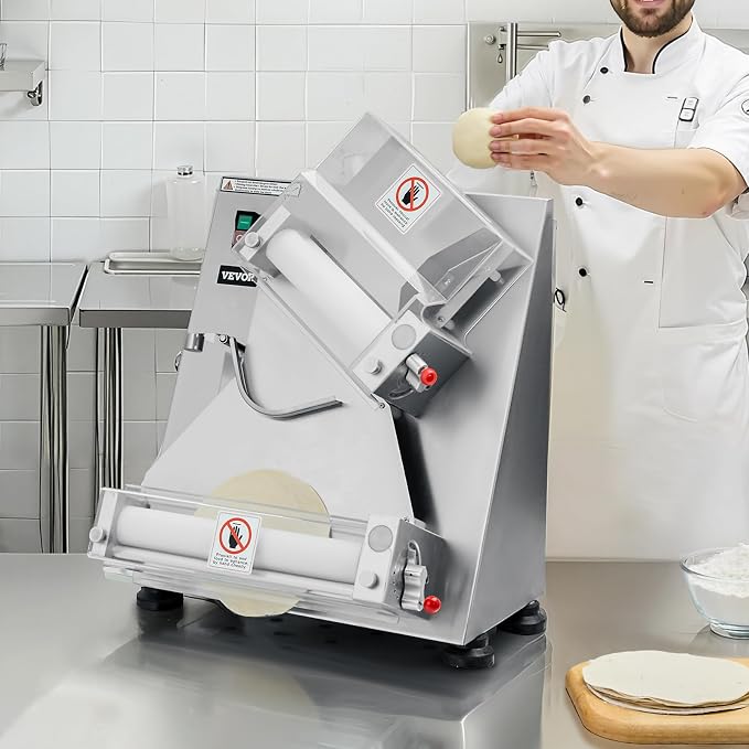 VEVOR Pizza Dough Roller Sheeter, 3-14 Inch Automatic Stainless Steel Pizza Press, Commercial Electric 370W Pasta Maker Machine, 260 pcs Per Hour, Adjustable Thickness, with Dough Press Lid