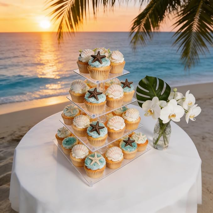 4 Tier Cupcake Stand for 50 Cupcakes, Clear Acrylic Cupcake Tower, Cupcake Holder for Parties, Weddings, Birthdays, Clear Dessert Display Ease of Assembly High Stability (Square)