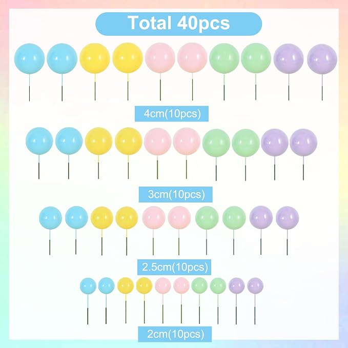 BEISHIDA 40 Pcs Foam Ball Cake Toppers with Sticks Mini Cake Decorations for Birthdays, Easter, Weddings, Baby Showers, Spring, Anniversary Party Supplies (Pastel Color)