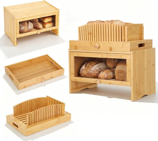3 in 1 Bread Slicer with Bread Box and Bread Serving Tray, Bamboo Bread Slicer for Homemade Bread, Multifunctional Bread Storage Container for Slicer Storage and Bread Tray