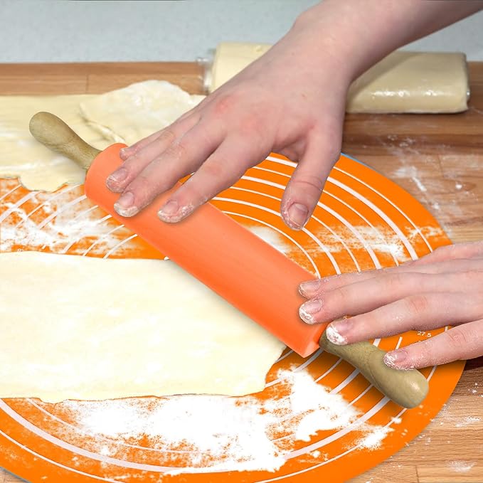 Silicone Rolling Pin Backing Mat Set, 13" Dough Roller with Non Stick Pastry Sheet, Small Fondant Roller Round Kneading Mat for Bread Cookie Pie Pizza Sourdough Kitchen (Orange)