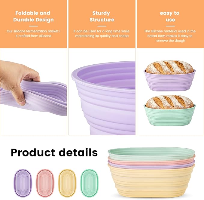 4 PCS 10Inch Silicone Bread Proofing Baskets Oval Banneton Basket Collapsible Sourdough Bread Baking Supplies Non-stick Dough Proofing Bowls Containers Oven Safe for Breads Making