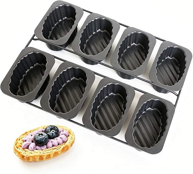 8-Cavity Egg Tart Molds, Fluted Edge Small Tart Pan Boat Shaped, Mini Oval Loaf Tray, Nonstick Baking Pans for Pound Cake, Banana Bread, Cheesecake, Brownies