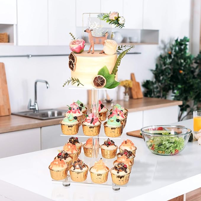 YestBuy Cupcake Stand, 3 Tier Cupcake Stand for 24 Cupcakes, Clear Acrylic Cupcake Tower, Cupcake Display Stand for Dessert Table, Muffin Holder for Party