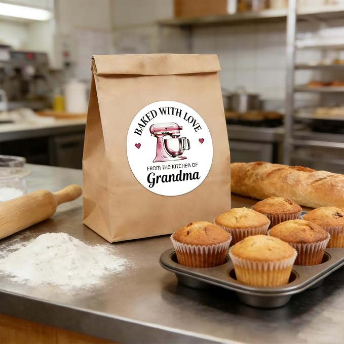 120-1000 Pack Custom Baked with Love Stickers,Personalized Baking Labels for Branding,Packaging,Gift Tags, 1.5 2 2.5 Inch Bakery Labels, Roll or Sheet Format (Round)