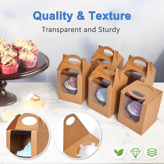 Cupcake Boxes 100 pcs, Individual Cupcake Carrier Brown with Window Insert and Handle Pastry Containers Single Muffins Container for Bakery Wrapping Party Favor Packing