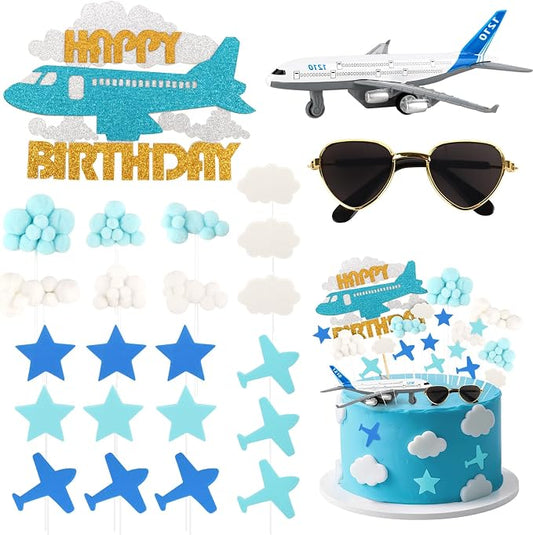 Hooqict 25Pcs Airplane Cake Decorations Set with Mini Plane, Blue White Cloud Happy Birthday Cake Toppers & Cupcake Toppers for Travel Themed Airplane Birthday Party Decorations Supplies