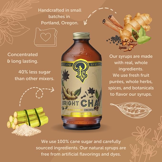 Portland Syrups Bright Chai Syrup - For Coffee, Cocktails, Mocktails & Sodas - Premium Concentrate - Orange Pekoe Tea, Ginger, Cinnamon & Cardamom - Rich Chai Flavor - 12 oz, 24 Servings (Pack of 2)