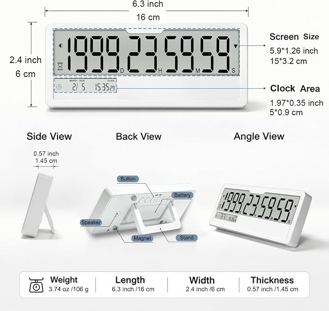 Digital Countdown Timer Clock 9999 Days Calendar Timer, Custom Past Date Countup & 6 DIY Writeable Stickers, Magnetic Count Down Clock for Retirement Wedding Pet Memorial Vacation Classroom Lab