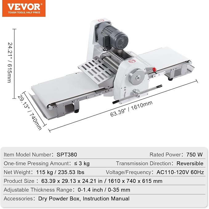 VEVOR Commercial Dough Sheeter Machine, 15.7-Inch Reversible Puff Pastry Sheeter and Fondant Roller, Electric Dough Roller 0-1.4" Adjustable Thickness, Folding Dough Sheeter for Bakeries, Pastries