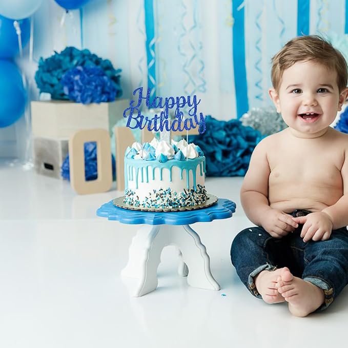 BEISHIDA Blue happy birthday Cake Topper, Happy Birthday Cake Bunting Decor,Birthday Party Decoration Supplies，Photo Booth Props